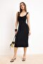 Siyah Bodycon V Yaka Kalın Askılı Kolsuz Volanlı/Fırfırlı Maxi Esnek Örme Elbise TWOSS26EL00202