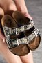 Daily Women's Black Slippers Double Buckle Pebble Stone Oval Toe Cork Sole Low Heels 1792 - 3