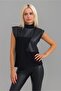 Women's Black Color Faux Leather Combination Cotton Lycra Sleeveless High Collar Tunic - 2