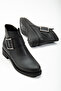 Women's Black Leather Thermo Sole Buckle Zippered Short Heeled Boots - 3