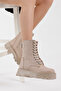 Women's Cream Suede Poly Sole Back Zipper Detailed Comfortable Fit Lace Up Boots - 3