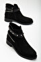 Women's Black Suede Thermo Sole Stone Rope Zippered Short Heeled Boots