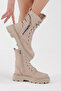 Women's Cream Suede Poly Sole Zipper Detailed Comfortable Fit Lace Up Boots - 3