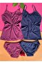 2 Pieces of Plum and Navy Blue Bow Lace Detailed Rope Strap Cotton Undershirt-panties (SET)