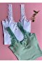 Padded, Button Detailed Lace Strap-Cotton 2-Piece Green and White Corded Women's Undershirt 64V34