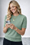 Crew Neck Stretch Fabric Short Sleeve Mint Blouse - 5