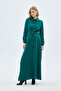 Button Detailed Pleated Long Emerald Dress 0441 - 3