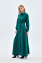 Button Detailed Pleated Long Emerald Dress 0441