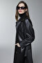 Shirt Collar Belt Detailed Leather Black Trench Coat 13823 - 6