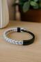 Black Genuine Leather Men's Bracelet with White Braided Detail |   Modern and Stylish Design with Magnetic Metal Buckle - 2