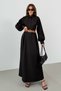 Women's Black Belt Detail Balloon Sleeve Silk I D Woven Dress