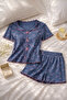 Women's Floral Print Bow Detailed Ribbed Knit Short Sleeve Shorts Set