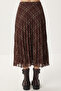 Patterned Pleated Midi Chiffon Skirt Lzv0047 Khaki Brown - 5