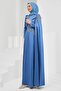 Indigo Satin Evening Dress with Shoulder Cape and Stones - 4
