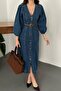 Women's V-Neck Balloon Sleeve Buttoned Denim Dress - 4