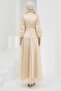 Beige Collar Waist Stoned Balloon Sleeve Evening Dress - 5