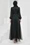 Black Collar Waist Stoned Balloon Sleeve Evening Dress - 5