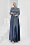 Charcoal Front Stone-Embellished Satin Evening Gown - 3