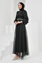 Black Collar Waist Stoned Balloon Sleeve Evening Dress - 4