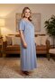 New Season Aviator Blue Summer Full-Length Design Lace Detailed Short Sleeve Plus Size (Oversized) Nightgown - 4