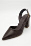 Women's Bitter Brown Leather Textured Asymmetrical Strap Pointed Toe Thick Heeled Shoes - 6