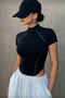 Spark Black Short Sleeve Lapel Zipper Slim Fit Blouse with Reverse Stitch Detail - 3