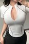 Spark White Short Sleeve Lapel Zipper Slim Fit Blouse with Reverse Stitch Detail - 5