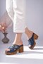 Tilda Model Genuine Leather Denim Blue Cross-Band Buckle Detail Platform Thick Heel Women's Slippers - 4