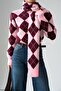 Women's Pink-Burgundy Diamond Pattern Knitted Cardigan - 3