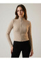 Women's Beige Soft Textured Stand Collar Zipper Blouse Nj86