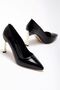 Women's Black Patent Leather Gold Heel Pointed Toe Thin Heeled Stiletto