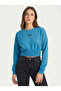 Women's Blue Elastic Waist Crop Sweatshirt Nj89