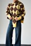 Women's Yellow-Brown Diamond Pattern Knitted Cardigan