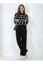 Women's Black High-Neck Striped Knitwear Top and Bottom Set Nj85 - 3