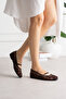Sawe Women's Ballet Flats with Leaf Pattern, Pearls and Mesh in Brown - 2