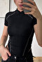 Spark Black Short Sleeve Lapel Zipper Slim Fit Blouse with Reverse Stitch Detail - 4