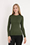 Women's Khaki Long Sleeve Crew Neck Basic Body Slim Fit Lycra Flexible Viscose Daily Blouse - 2
