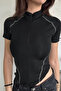 Spark Black Short Sleeve Lapel Zipper Slim Fit Blouse with Reverse Stitch Detail - 2