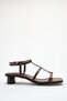 Women's Short Block Heeled Sandals Brown Skin Thin Strap Cage Design - Casual Day and Night - 3