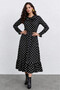 Polka Dot Patterned Long Sleeve Midi Dress with Tie Detail – Black - 2