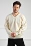 Ecru V-Neck Men's Long Sleeve 100% Lamb Wool Knitwear Sweater - 3
