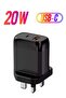 Fast Wall Charger with Dual Ports (PD + USB) for Quick Charging, 20W Power, Model BC202, Bra