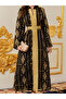 Women Black Gold Embroidered Belted Jalabiya - 5