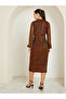 Brown Plisse Textured Long Sleeve Midi Dress - 5
