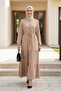 Women's Buttoned Lace-Up Beige Hijab Linen Dress - 2