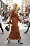 Women's Buttoned Lace-Up Tan Hijab Linen Dress - 5
