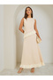 Women Beige A-Line Maxi Skirt with Fringe Hem - 3