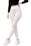 Women's Cream High Waist Gathering Effect No-Show Patterned Ribbed Leggings - 2