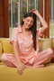 Self Print Button Down Shirt & Pyjama Set in Baby Pink - Satin - 3