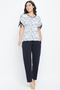 Floral Print Top & Solid Pyjama Set in White - 2